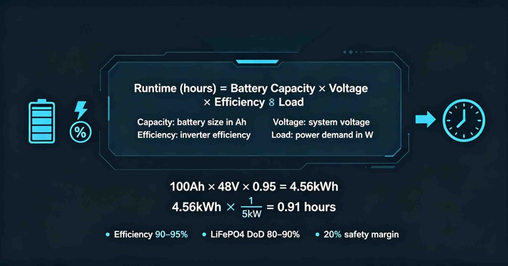 Diagram showing data center UPS battery runtime calculation formula with capacity, voltage, efficiency and load variables