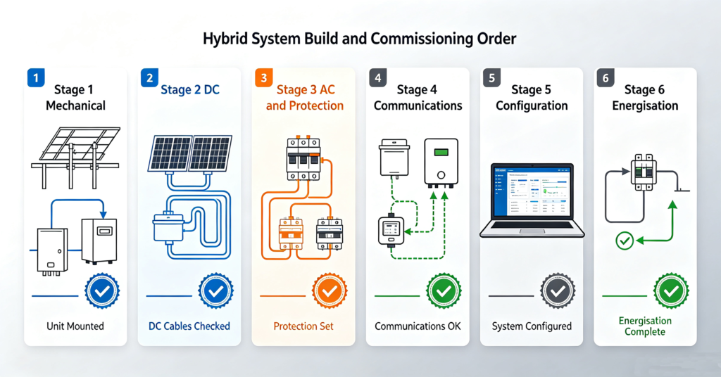 Six-stage commissioning sequence for a hybrid solar and storage installation