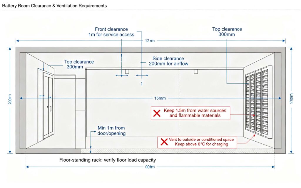 Battery installation site assessment: room clearance, ventilation spacing and floor load checks for battery placement