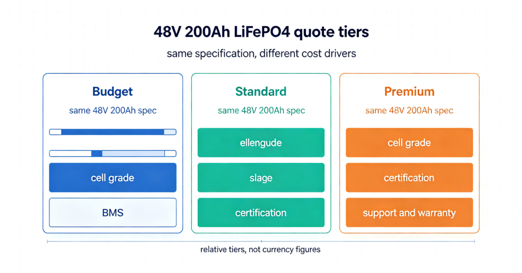 Three quote tiers compared: budget, standard and premium for the same 48V 200Ah spec