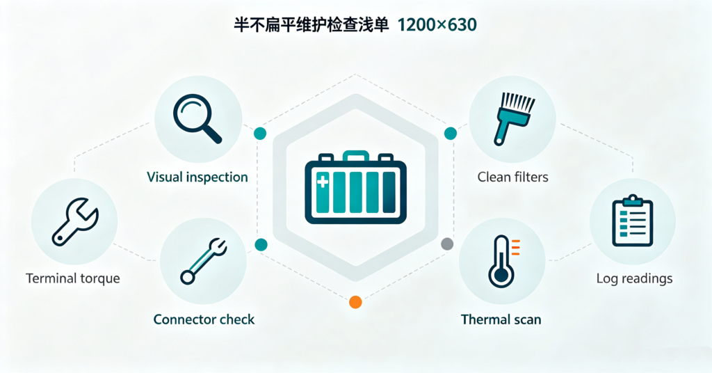 A solar battery maintenance checklist diagram with six inspection tasks arranged around a central battery icon