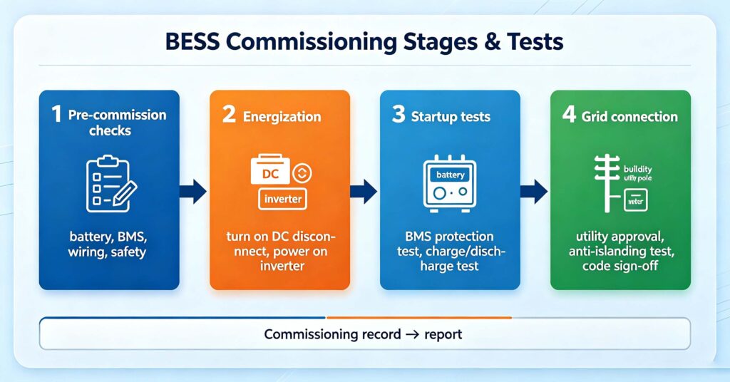 BESS commissioning workflow: pre-commission checks, energization, startup tests and grid connection
