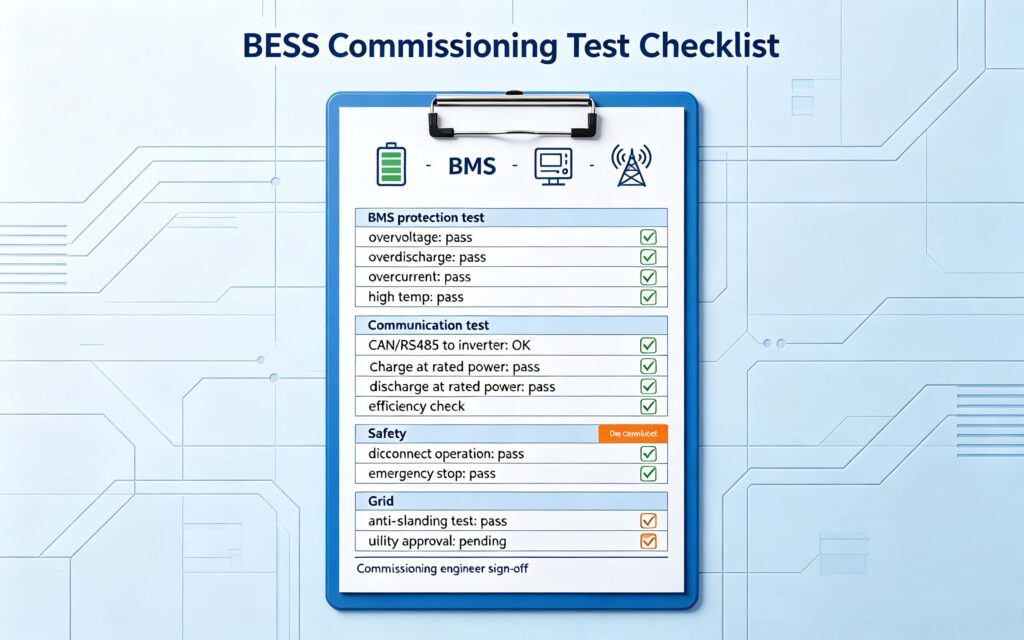 BESS commissioning test checklist: BMS protection, communication, charge/discharge and anti-islanding tests