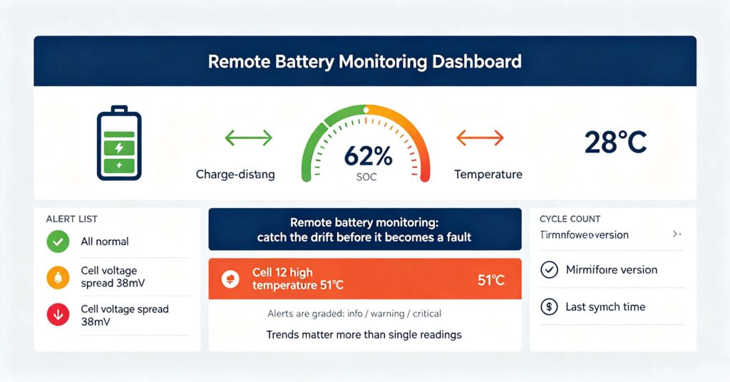 Remote battery monitoring dashboard showing SOC temperature alerts cell voltage spread and firmware status