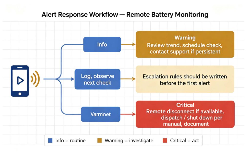 Remote battery monitoring alert workflow showing info warning and critical response paths for storage operators
