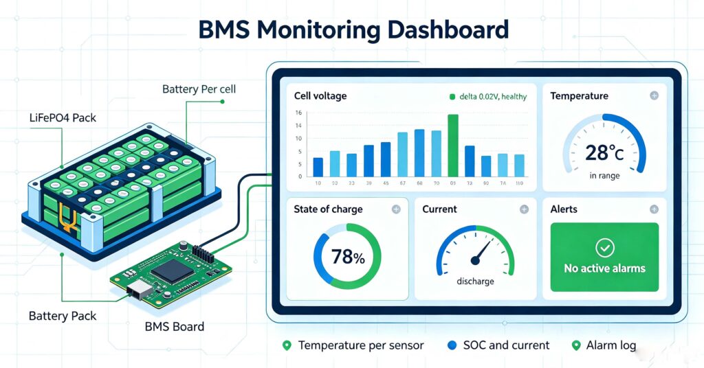 BMS monitoring dashboard: cell voltage, temperature, state of charge, current and alerts per battery pack