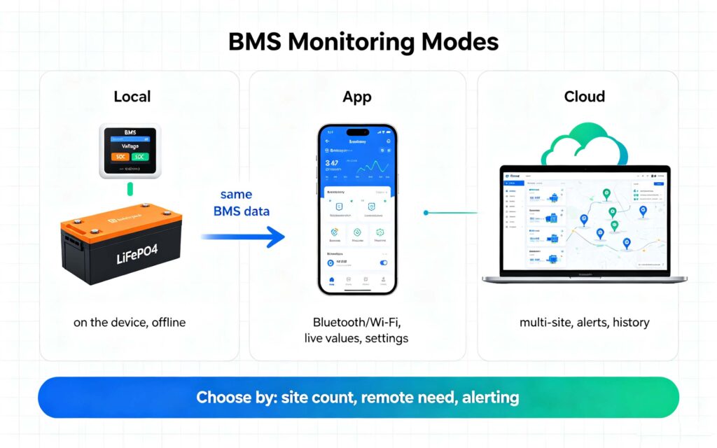 BMS monitoring modes: local display, mobile app over Bluetooth/Wi-Fi and cloud platform for fleets
