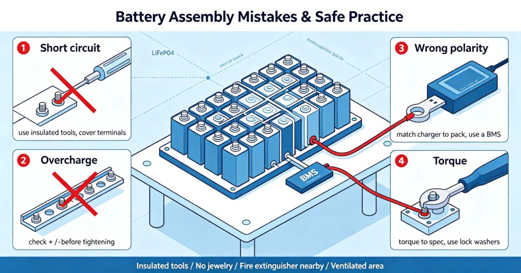 DIY battery safety diagram: short circuit, wrong polarity, overcharge and torque warnings with fire safety