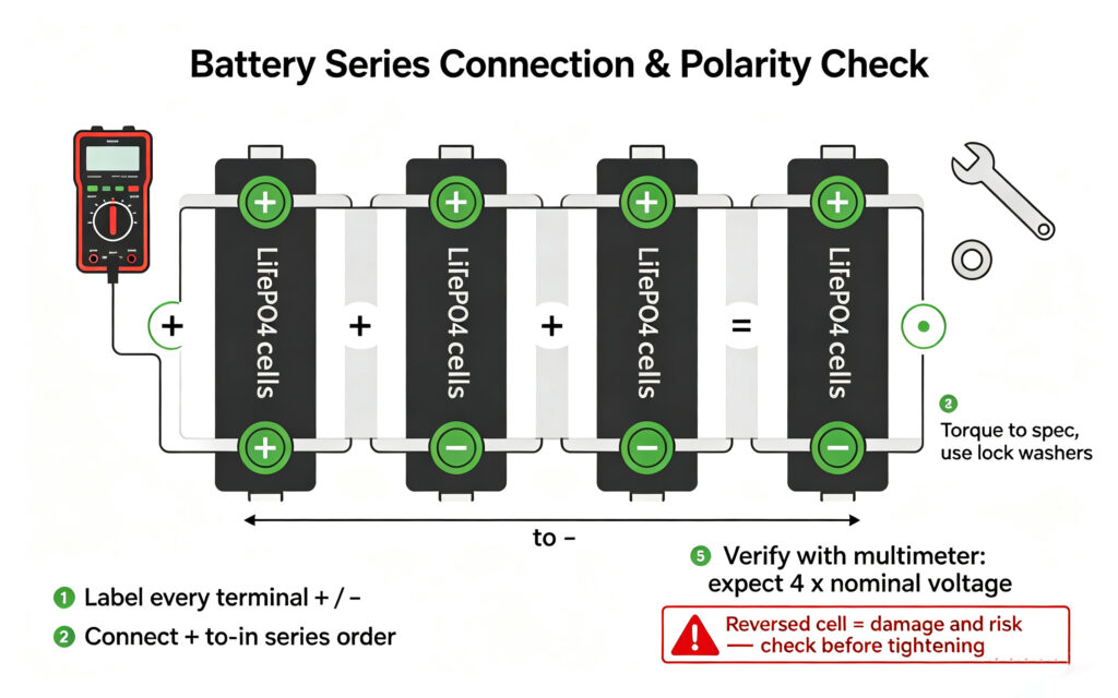 DIY battery safety series wiring diagram: correct plus-minus connections, voltage checks and torque steps