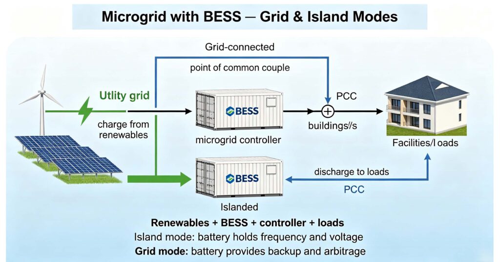 Microgrid battery storage architecture: solar, wind, BESS, controller and loads in grid and islanded modes