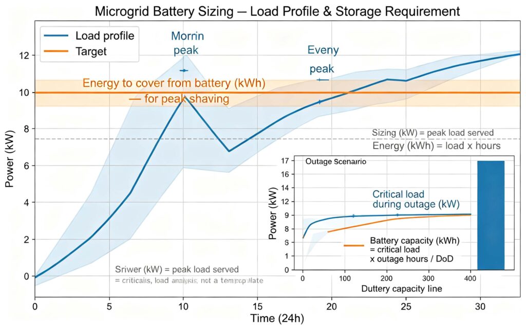 Microgrid battery storage sizing load profile chart showing battery coverage for peak shaving and critical loads