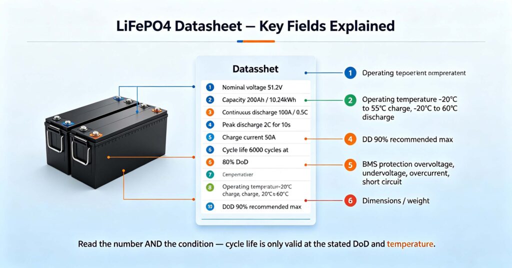 How to read LiFePO4 battery specs annotated datasheet showing voltage capacity C-rate cycle life DoD and temperature fields