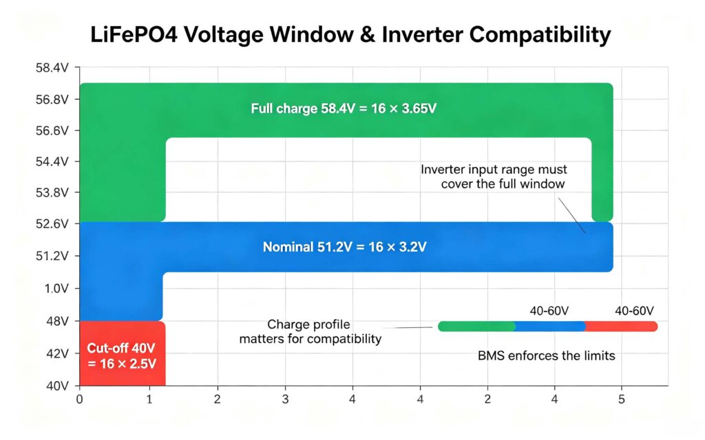 How to read LiFePO4 battery specs: voltage window, nominal 51.2V, full charge 58.4V, inverter range