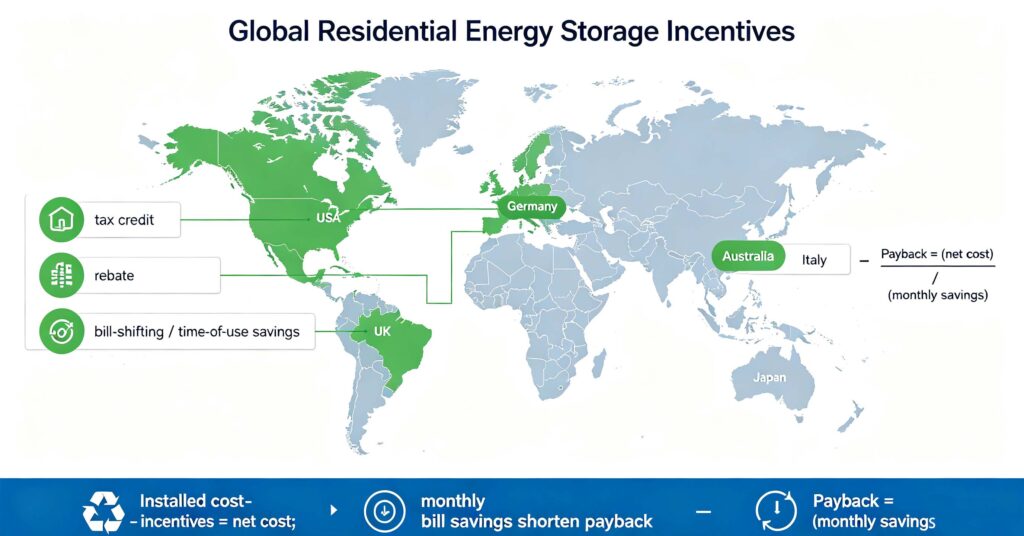 Residential energy storage incentives world map showing tax credits rebates and bill-shifting payback by country
