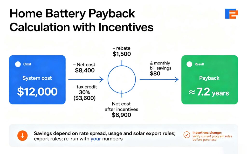 Residential energy storage incentives payback: net cost after tax credit and rebate divided by monthly savings