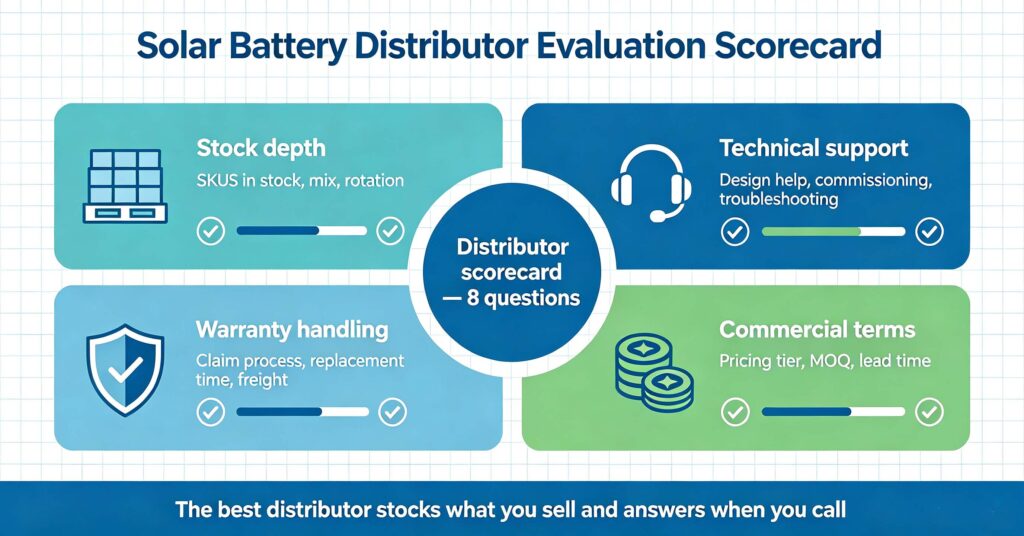 Solar battery distributors evaluation scorecard covering stock depth technical support warranty handling and commercial terms 