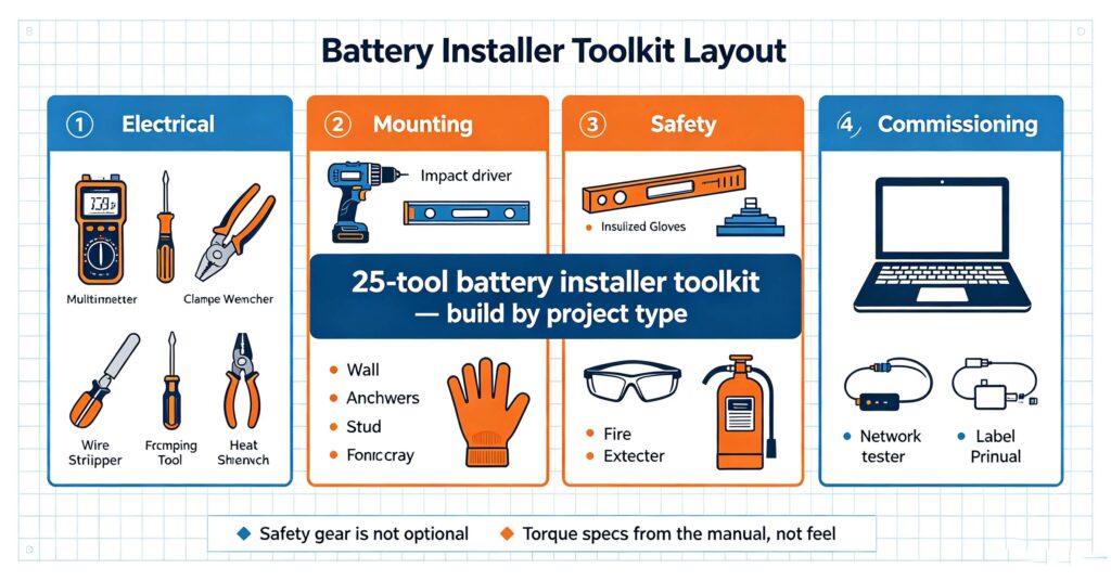 Battery installer toolkit layout with electrical mounting safety and commissioning tools for storage projects