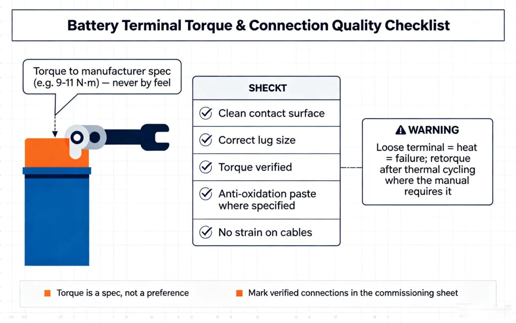 Battery installer toolkit connection checklist showing torque wrench use terminal inspection and retorque requirements