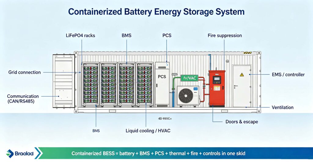 Containerized battery energy storage system cutaway: battery racks, BMS, PCS, thermal management, fire suppression