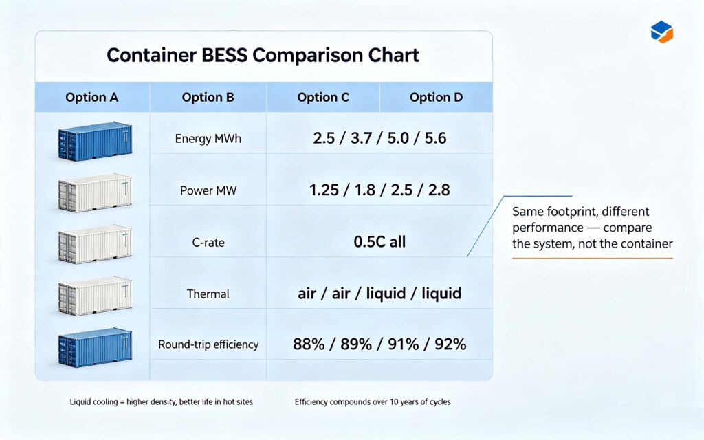 Containerized battery energy storage system comparison chart: energy, power, C-rate, thermal, efficiency