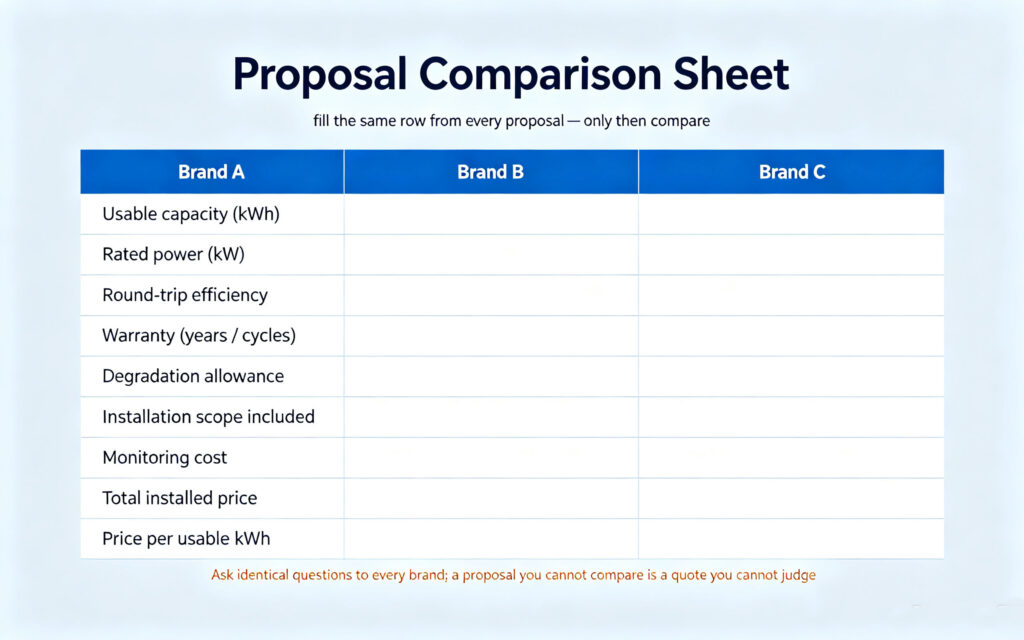 Home storage brands proposal comparison sheet usable capacity power efficiency warranty and price rows