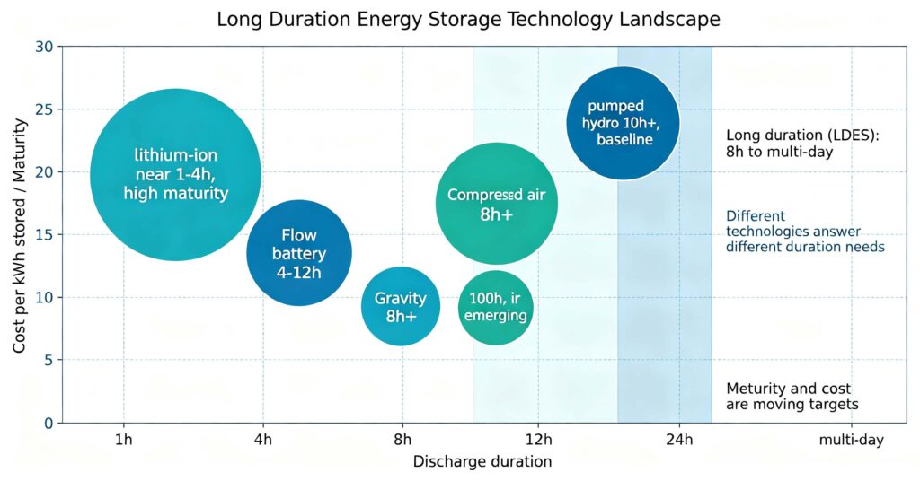 Long duration energy storage technology landscape: lithium, flow battery, compressed air, gravity, iron-air by duration