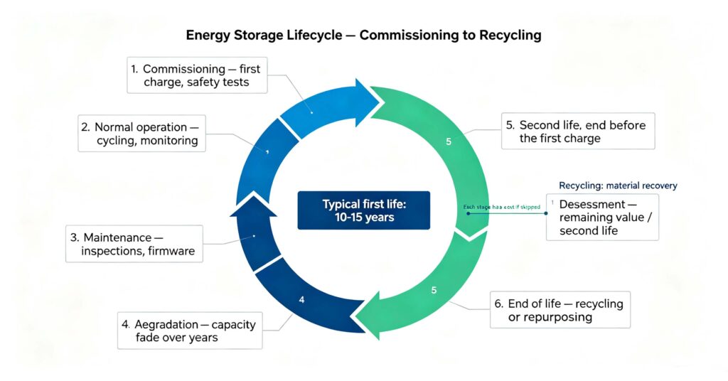 Energy storage lifecycle stages diagram from commissioning operation maintenance degradation second life and recycling