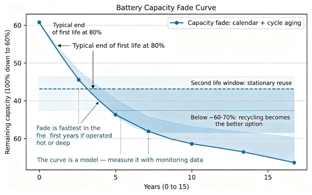 Energy storage lifecycle capacity fade curve showing end of first life at 80 percent and second life window to recycling