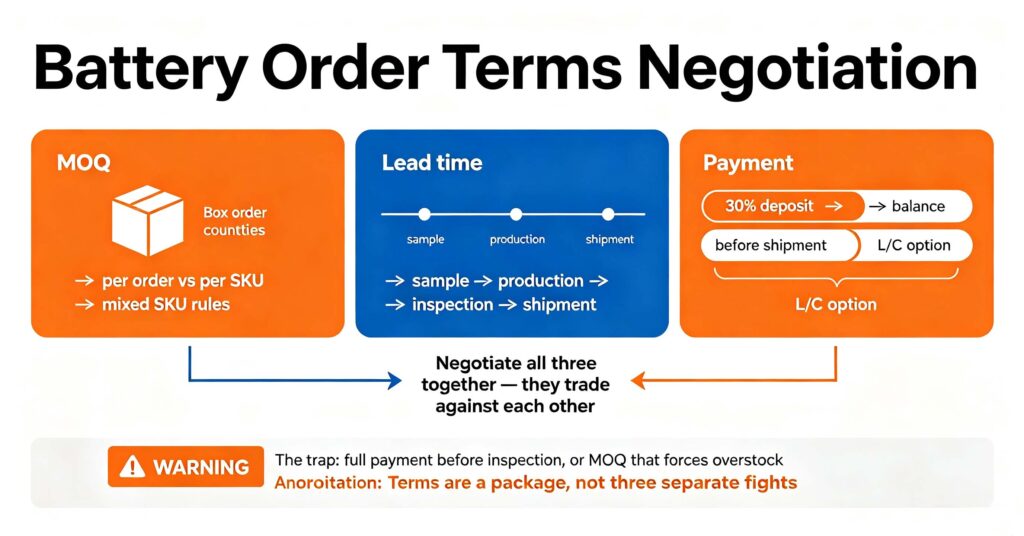 Battery MOQ lead time payment terms negotiation diagram showing order structure milestones and deposit balance split
