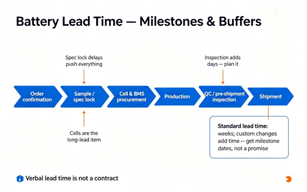 Battery MOQ, lead time, payment terms timeline: order confirmation, spec lock, production, inspection, shipment