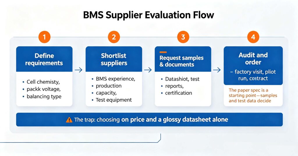 Battery management system suppliers evaluation flow from requirements shortlist sample audit to order