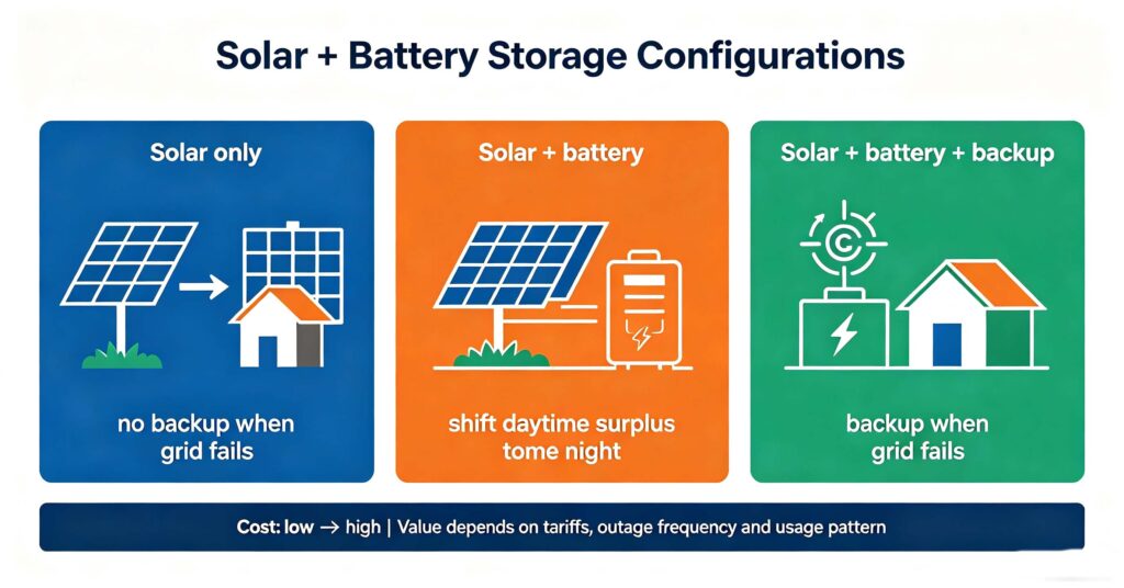 Solar panels with battery storage configurations compared solar only battery self-consumption and backup