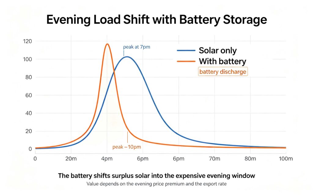 Solar panels with battery storage evening load curve showing grid import reduced by battery discharge