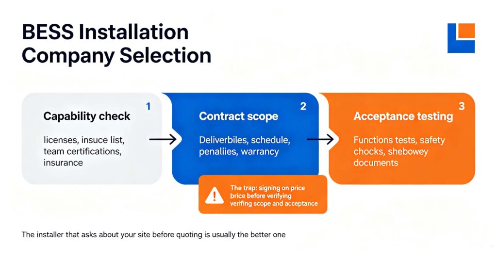 BESS installation company selection flow covering capability checks contract scope and acceptance testing