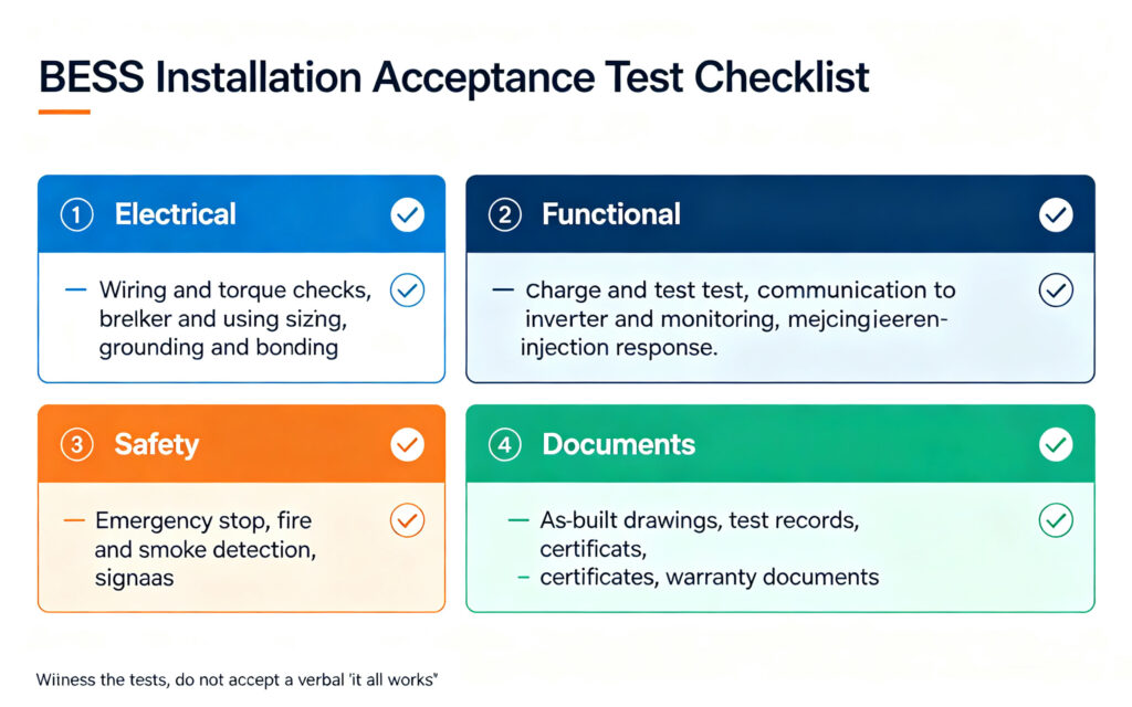 BESS installation company acceptance checklist electrical functional safety and handover documents