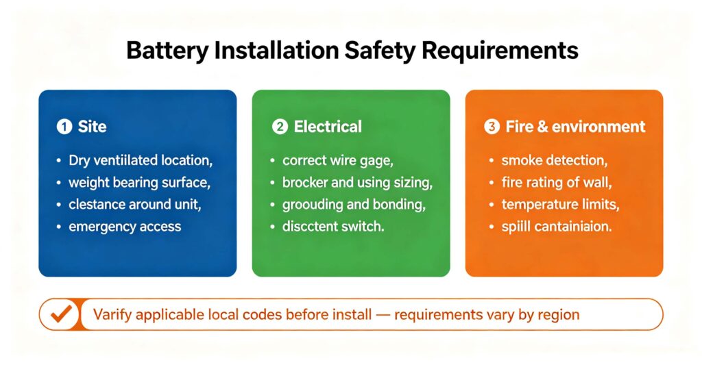 Battery installation safety requirements site electrical and fire protection elements diagram