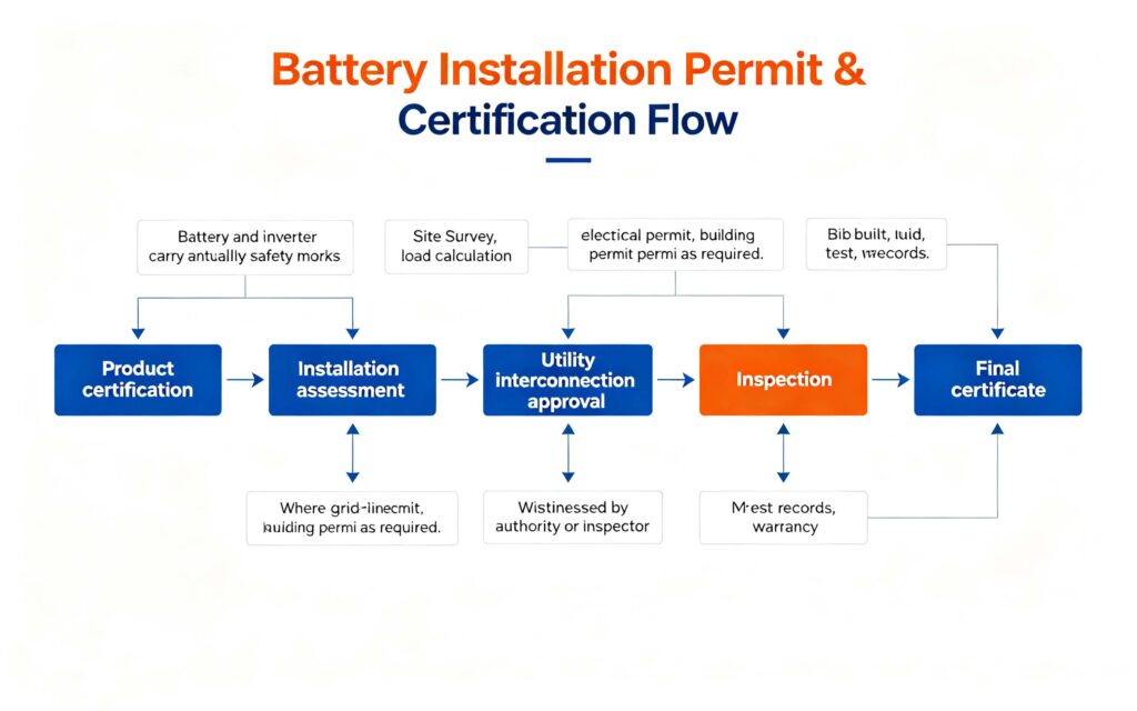 Battery installation safety permit and certification flow product marks inspection and final certificate
