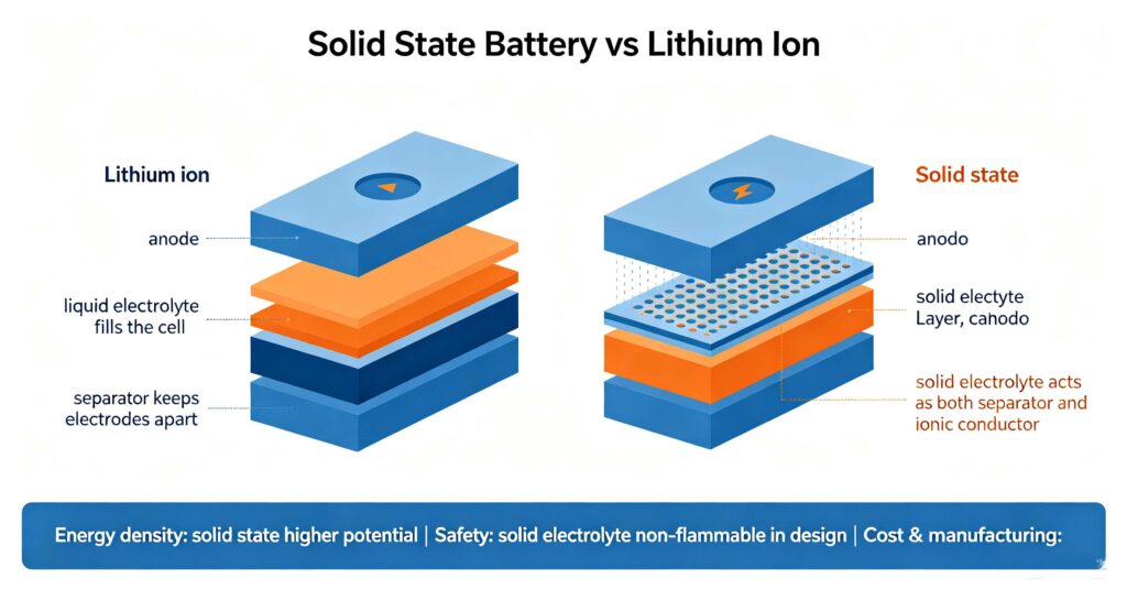 Solid state battery vs lithium ion cell construction solid electrolyte versus liquid electrolyte diagram