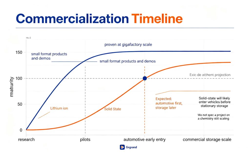 Solid state battery vs lithium ion commercialization timeline showing maturity gap and storage entry