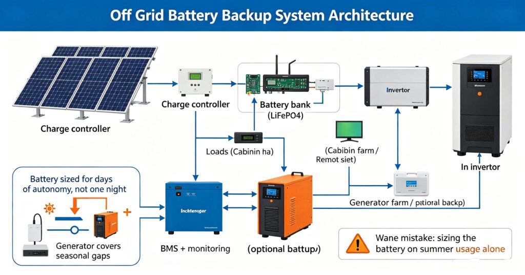 Off grid battery backup system architecture solar charge controller battery inverter loads and generator