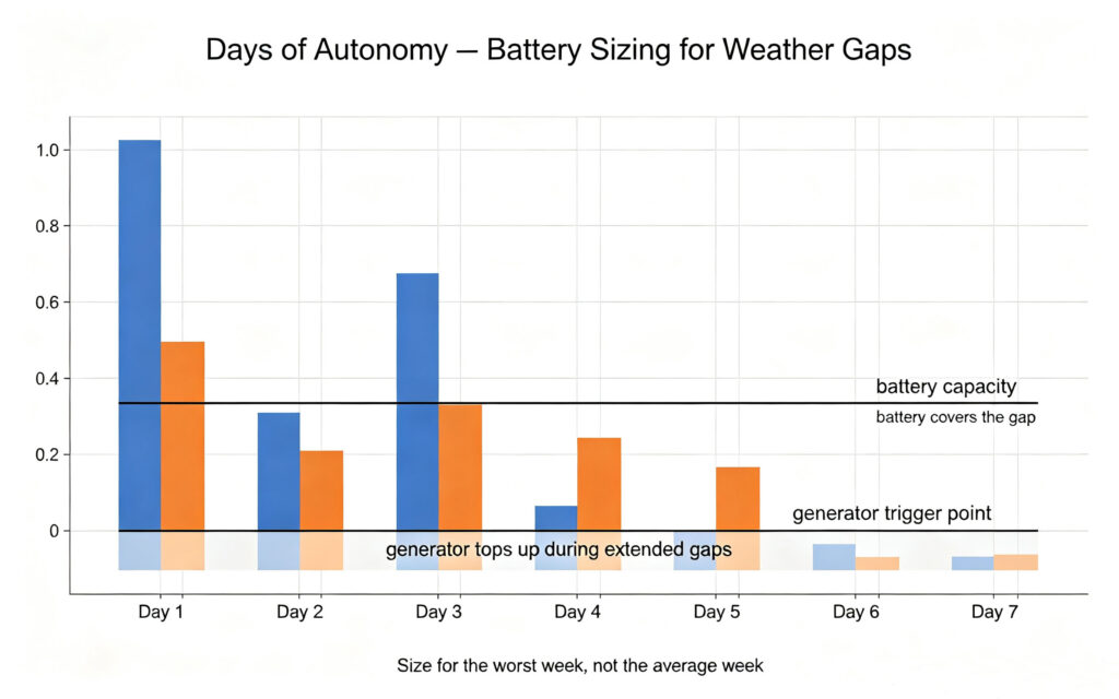 Off grid battery backup autonomy sizing chart battery capacity covering cloudy days generator trigger