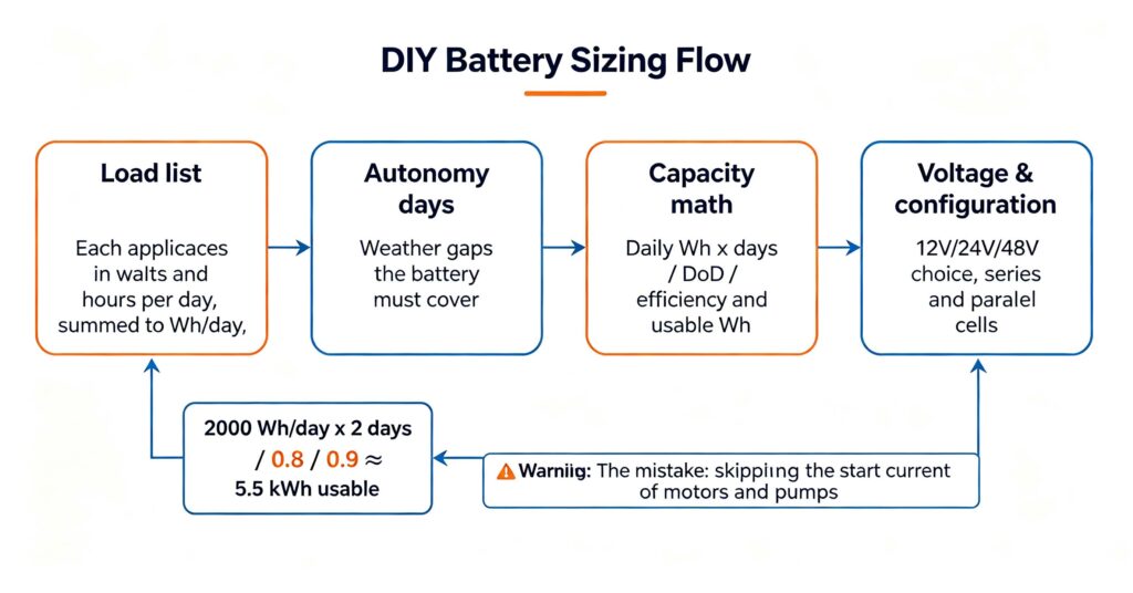 IY battery sizing flow load list autonomy days capacity math and voltage configuration