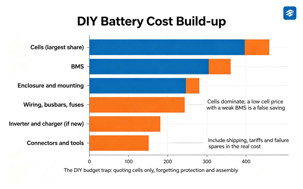 DIY battery sizing cost build up cells BMS enclosure wiring inverter and connectors stacked bar