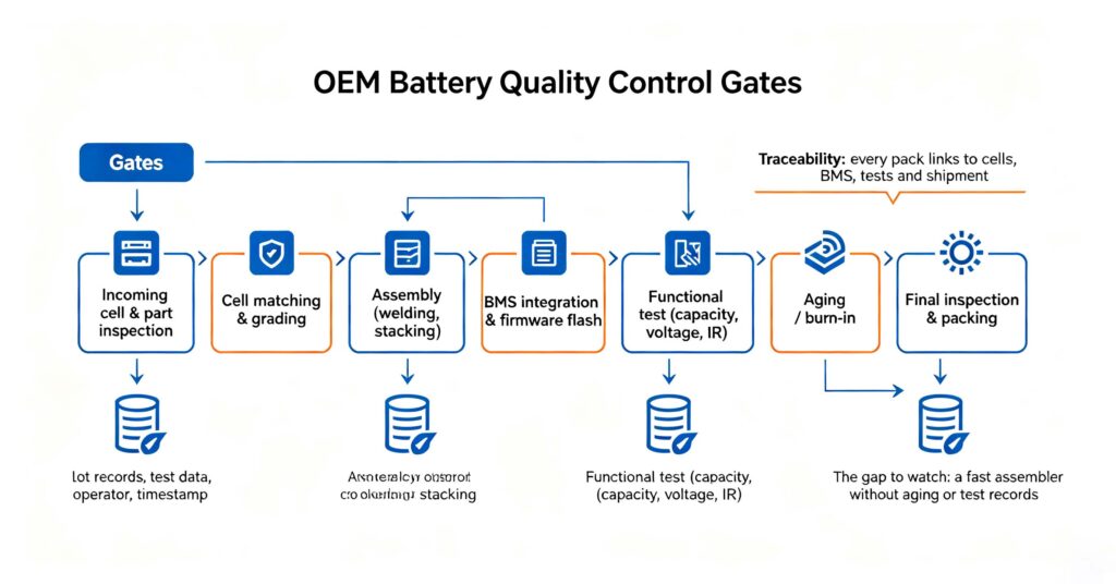 OEM battery quality control production gates cell inspection assembly functional test aging and traceability