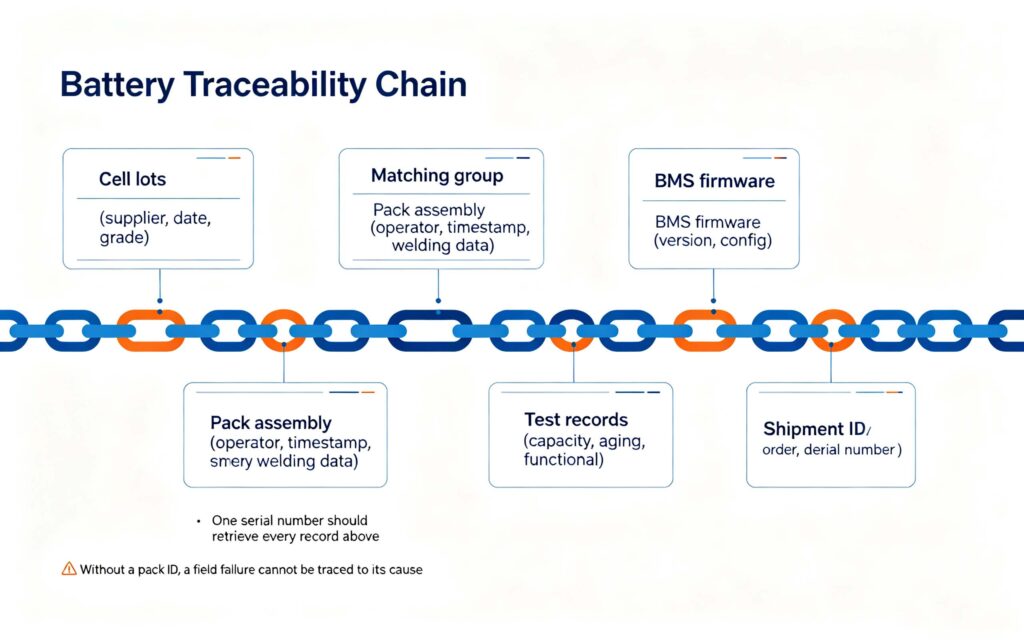 OEM battery quality control traceability chain cell lots pack assembly test records serial number shipment
