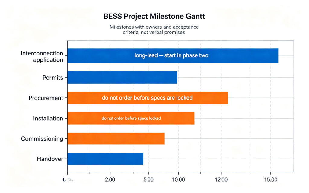 BESS project delivery milestone Gantt interconnection long lead procurement installation commissioning handover