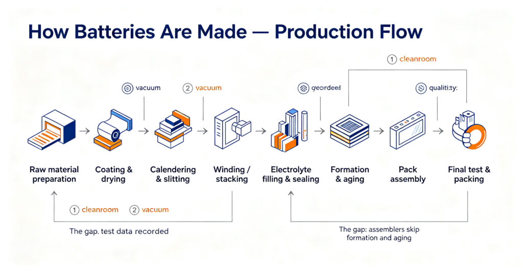 How are batteries made production flow raw materials coating winding formation aging pack assembly