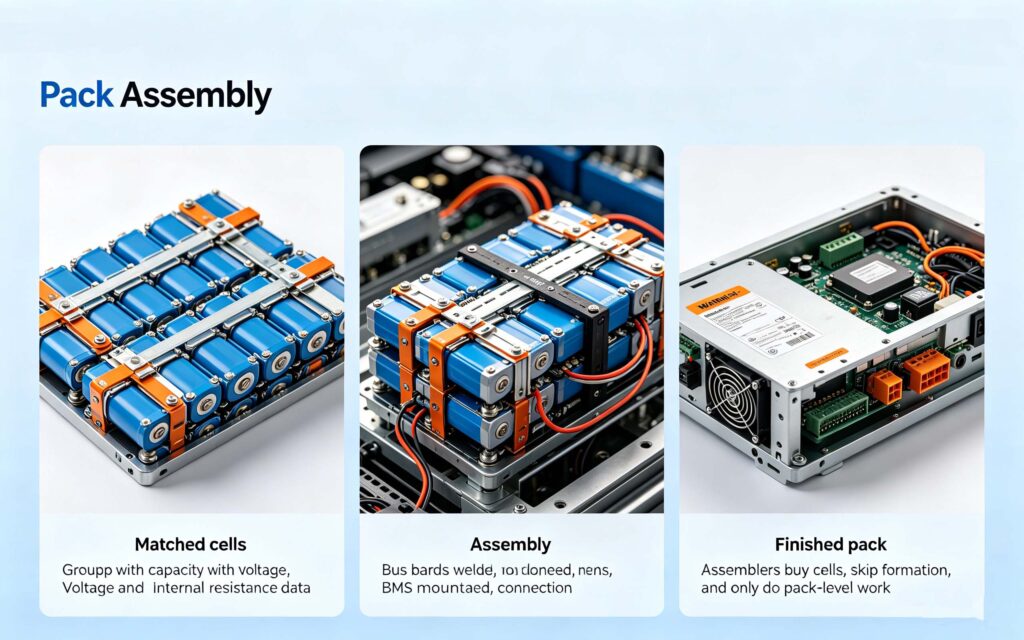 How are batteries made pack assembly matched cells BMS welding enclosure and final testing