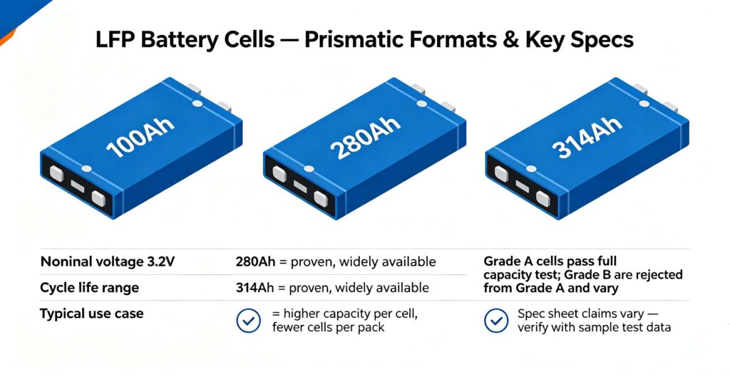 LFP battery cells prismatic 280ah vs 314ah specifications grade selection and procurement guide