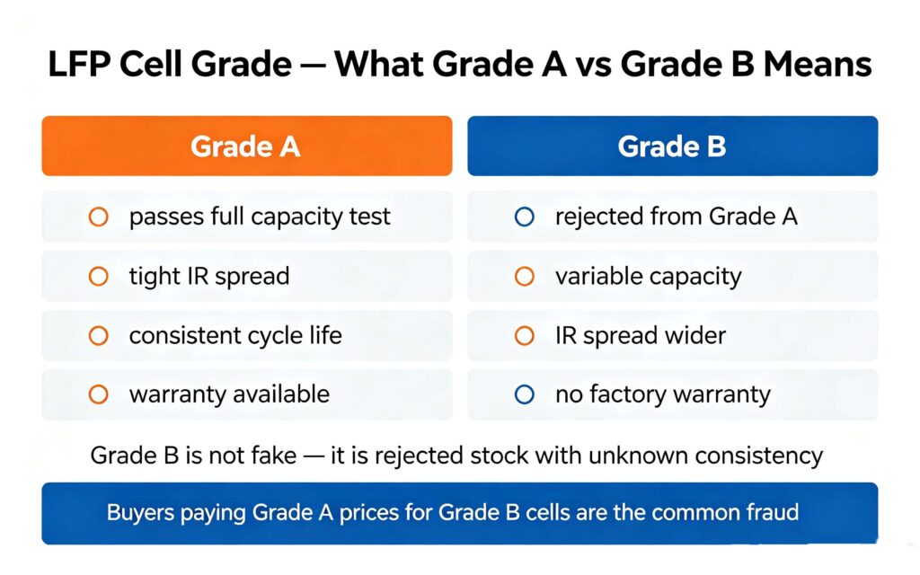LFP battery cells grade a vs grade b capacity consistency warranty and procurement risk comparison